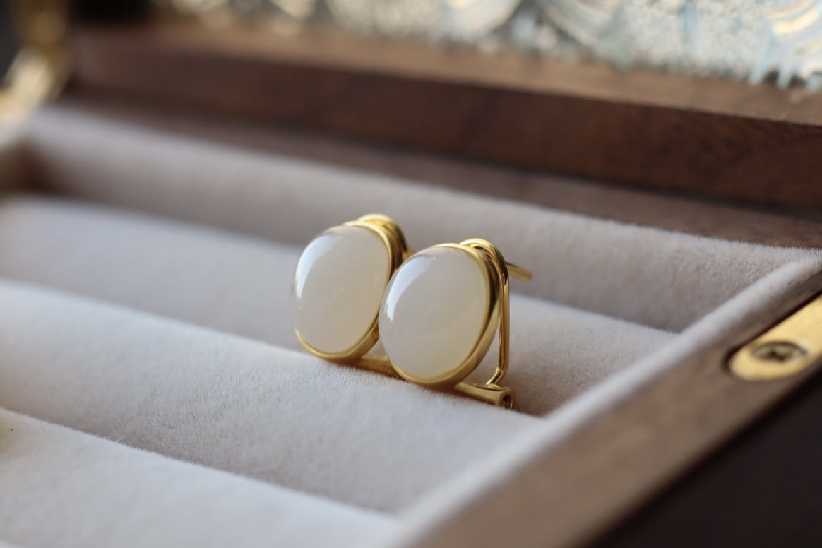 COKICOCO Natural Qinghai old pit material and Hetian white jade ear buckle pure silver plated with 18k gold main stone 8 * 10mm jade texture delicate and pure