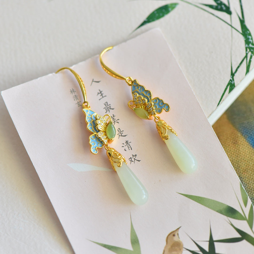 COKICOCO Natural Hotan Jade Butterfly Earrings 925 Silver inlaid Hotan Jade Water Drop Earrings Hotan Jade Earrings Genuine Premium