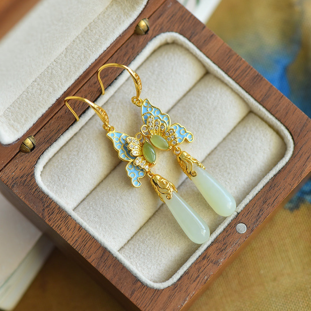 COKICOCO Natural Hotan Jade Butterfly Earrings 925 Silver inlaid Hotan Jade Water Drop Earrings Hotan Jade Earrings Genuine Premium