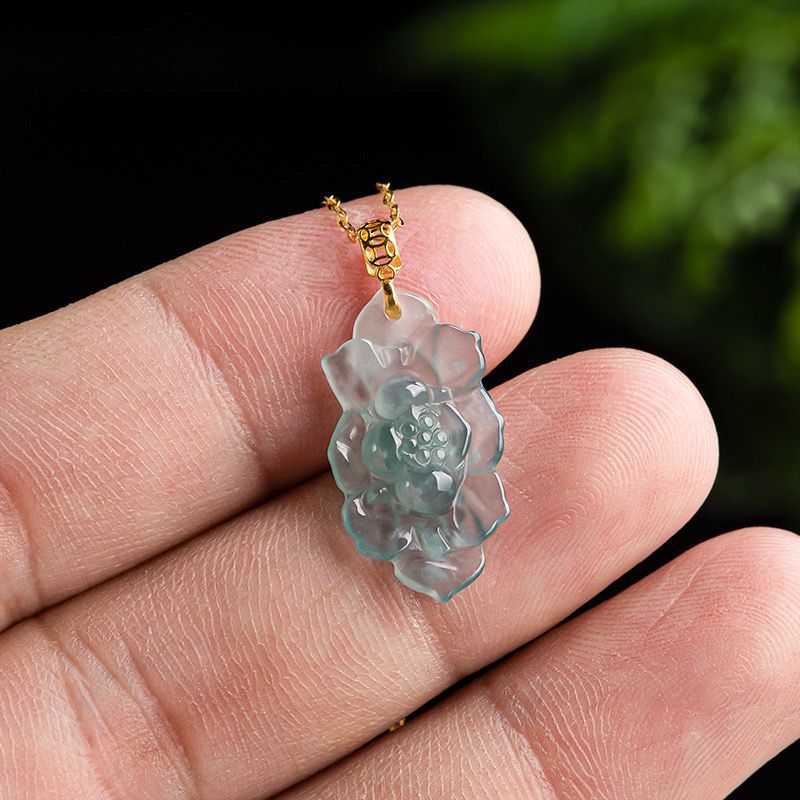 COKICOCO Natural A-grade jade blue water lotus pendant 18K gold inlaid with ice seed lotus jade pendant flower piece women's necklace