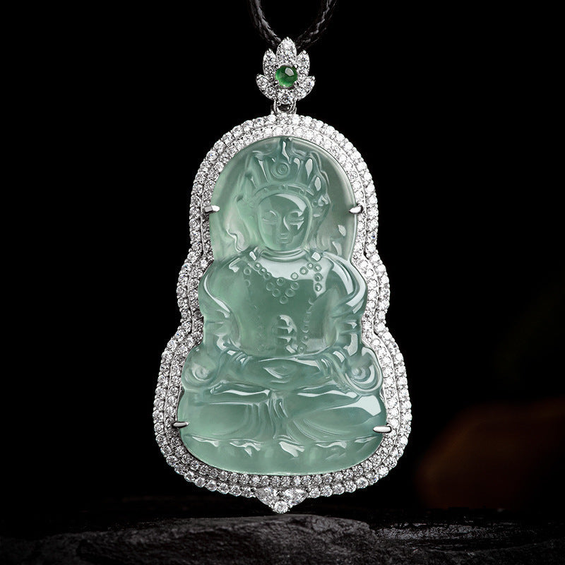COKICOCO Natural A-grade Jade Blue Water Tara Guanyin Ice Seed Jade Pendant S925 Silver Inlaid Men's and Women's Pendant Jade Pendant