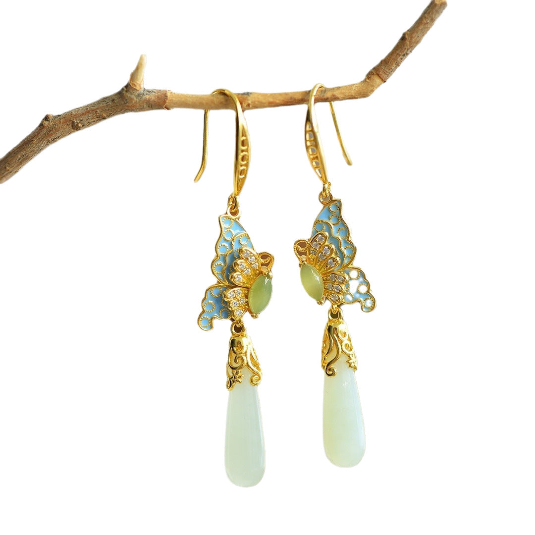COKICOCO Natural Hotan Jade Butterfly Earrings 925 Silver inlaid Hotan Jade Water Drop Earrings Hotan Jade Earrings Genuine Premium