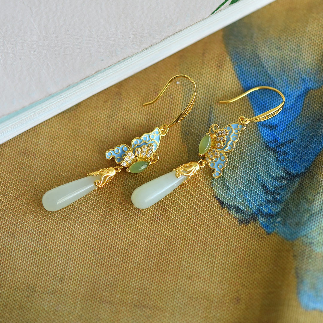 COKICOCO Natural Hotan Jade Butterfly Earrings 925 Silver inlaid Hotan Jade Water Drop Earrings Hotan Jade Earrings Genuine Premium