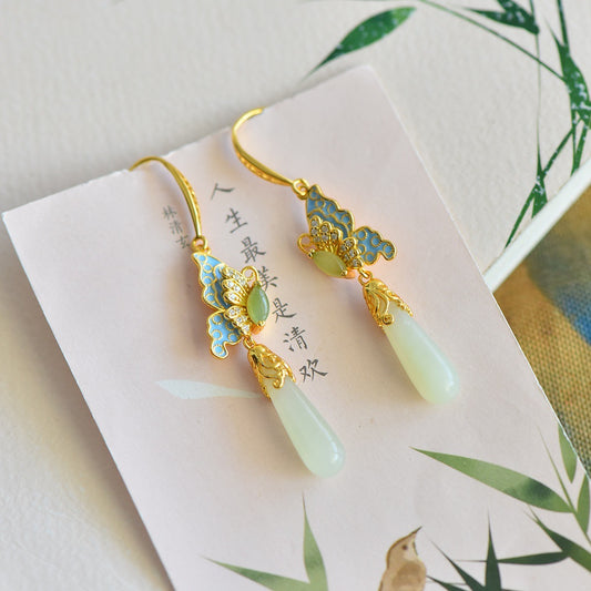 COKICOCO Natural Hotan Jade Butterfly Earrings 925 Silver inlaid Hotan Jade Water Drop Earrings Hotan Jade Earrings Genuine Premium