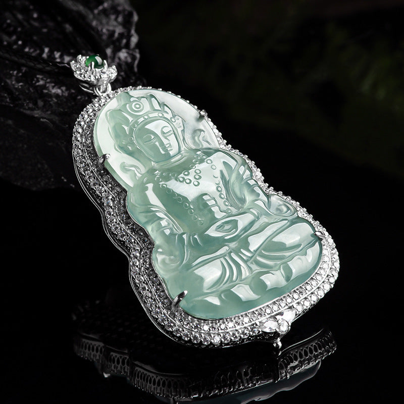 COKICOCO Natural A-grade Jade Blue Water Tara Guanyin Ice Seed Jade Pendant S925 Silver Inlaid Men's and Women's Pendant Jade Pendant