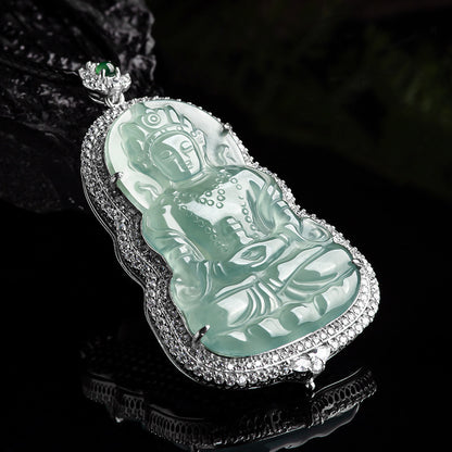 COKICOCO Natural A-grade Jade Blue Water Tara Guanyin Ice Seed Jade Pendant S925 Silver Inlaid Men's and Women's Pendant Jade Pendant