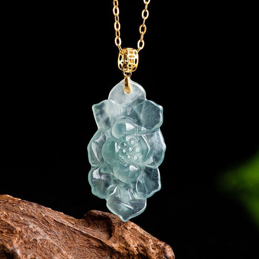 COKICOCO Natural A-grade jade blue water lotus pendant 18K gold inlaid with ice seed lotus jade pendant flower piece women's necklace