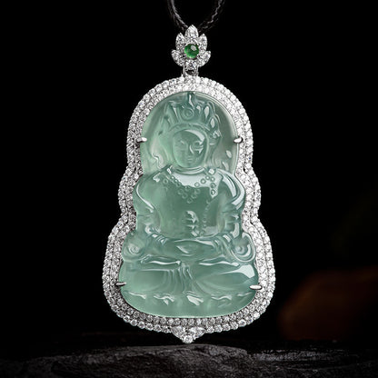 COKICOCO Natural A-grade Jade Blue Water Tara Guanyin Ice Seed Jade Pendant S925 Silver Inlaid Men's and Women's Pendant Jade Pendant