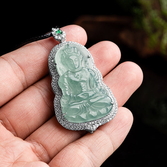 COKICOCO Natural A-grade Jade Blue Water Tara Guanyin Ice Seed Jade Pendant S925 Silver Inlaid Men's and Women's Pendant Jade Pendant