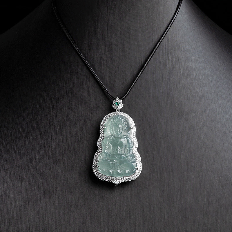 COKICOCO Natural A-grade Jade Blue Water Tara Guanyin Ice Seed Jade Pendant S925 Silver Inlaid Men's and Women's Pendant Jade Pendant