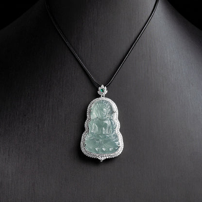 COKICOCO Natural A-grade Jade Blue Water Tara Guanyin Ice Seed Jade Pendant S925 Silver Inlaid Men's and Women's Pendant Jade Pendant