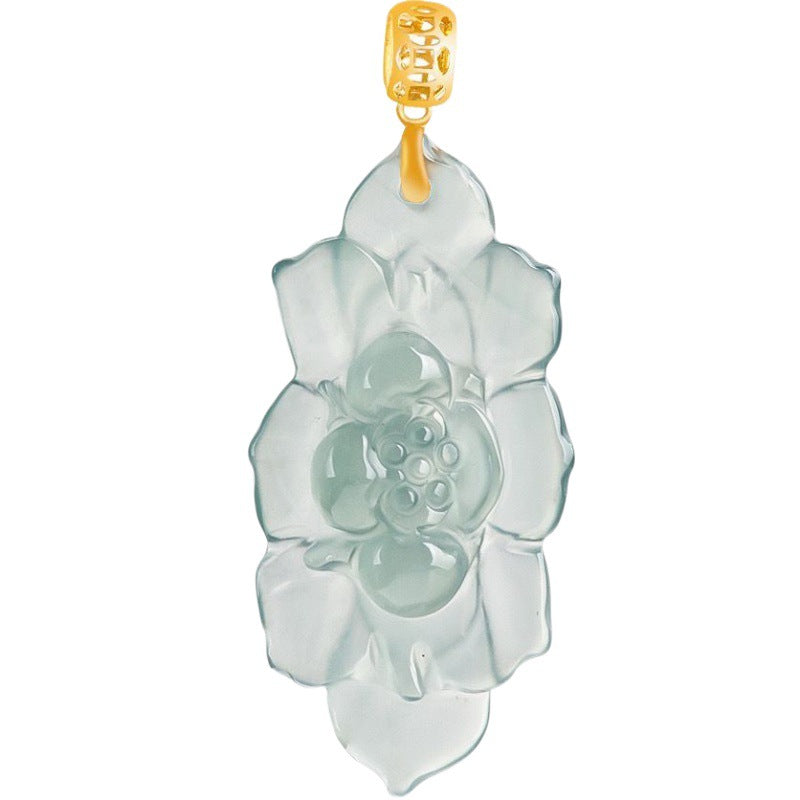 COKICOCO Natural A-grade jade blue water lotus pendant 18K gold inlaid with ice seed lotus jade pendant flower piece women's necklace